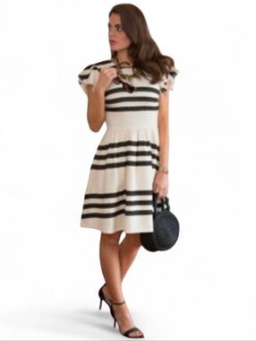 DRA LOS ANGELES Cream Black Striped Ruffle Cap Sleeve Dress - XS